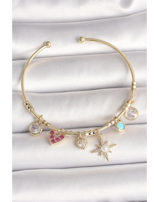 ® Pirinç Gold Renk Zirkon Taşlı Sallantı Kutup Yıldız Figür İnci Detay Charm Kadın Bileklik