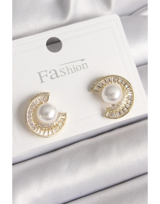 ® Pirinç Gold Renk Zirkon Taşlı Salyangoz Model İnci Detay Kadın Küpe