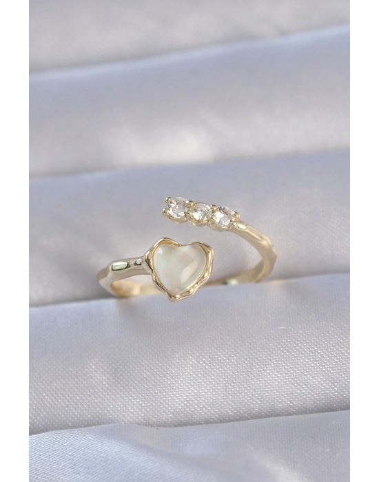 ® Pirinç Gold Renk Zirkon Taşlı Sedefli Kalp Model Ayarlanabilir Yüzük