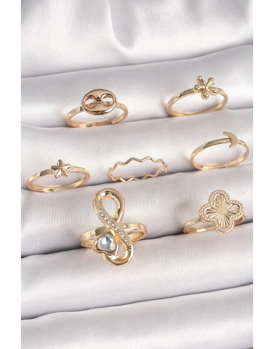 ® Pirinç Gold Renk Zirkon Taşlı Sonsuzluk Figür Yıldız Detay Kadın Yüzük Kombini