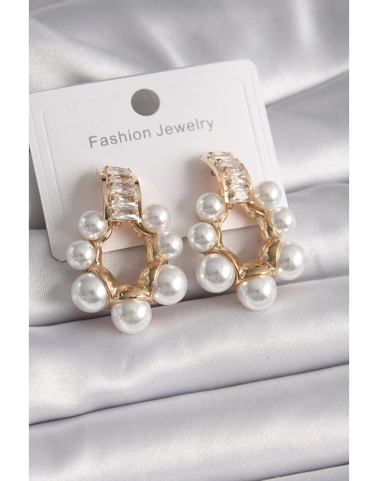 ® Pirinç Gold Renk Zirkon Taşlı Su Yolu İncili Halka Model Kadın Küpe