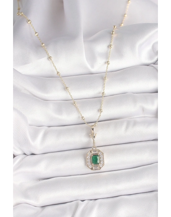 ® Pirinç Gold Renk Zirkon Taşlı Topçuk Zincir Serenay Model Kadın Kolye