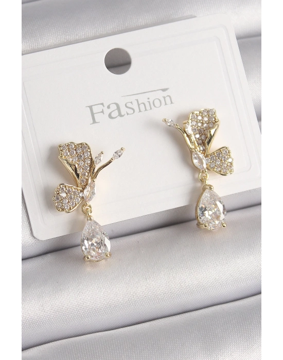 ® Pirinç Gold Renk Zirkon Taşlı Turna Kuşu Model Sallantı Detay Kadın Küpe