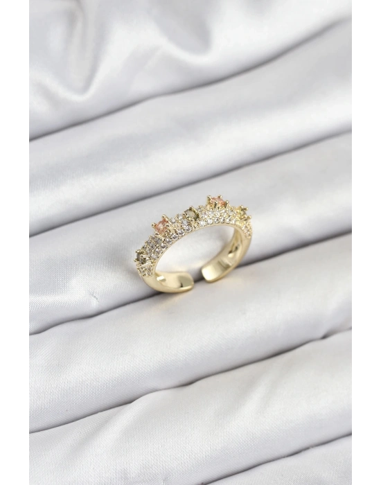 ® Pirinç Gold Renk Zirkon Taşlı Vintage Kadın Yüzük