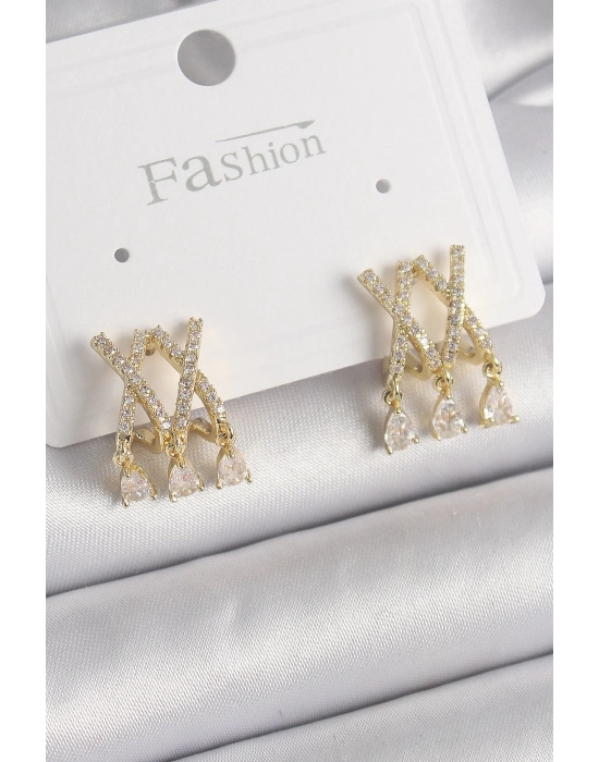 ® Pirinç Gold Renk Zirkon Taşlı X Model Sallantı Detay Kadın Küpe