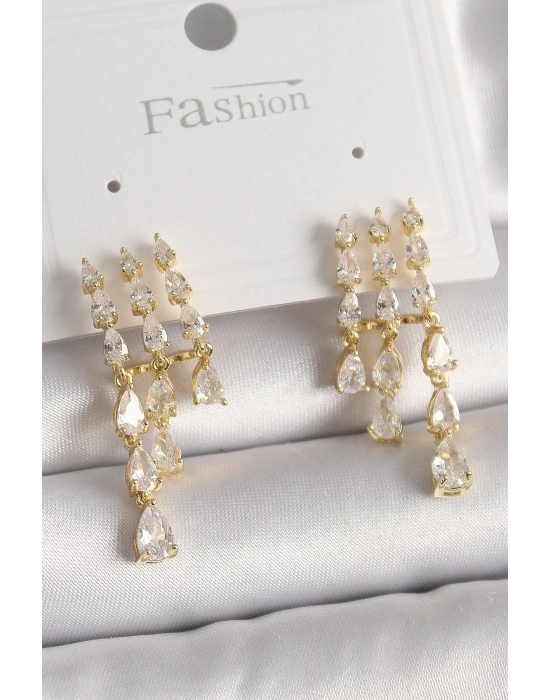 ® Pirinç Gold Renk Zirkon Taşlı Yağmur Model Kadın Küpe
