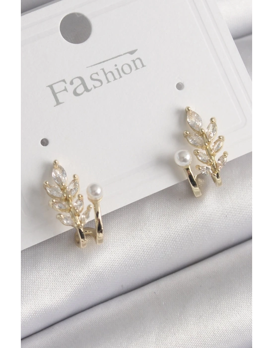 ® Pirinç Gold Renk Zirkon Taşlı Yaprak Model İnci Detay Küpe