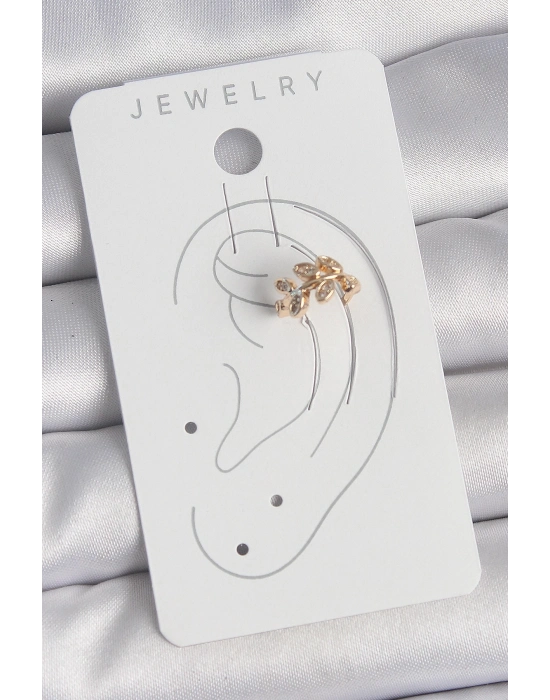 ® Pirinç Gold Renk Zirkon Taşlı Yaprak Model Kadın Kıkırdak Küpe