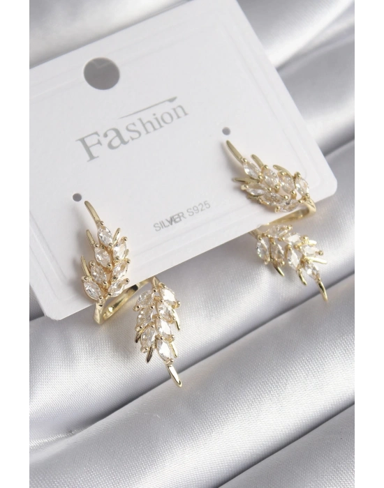 ® Pirinç Gold Renk Zirkon Taşlı Yaprak Model Kadın Küpe