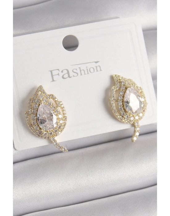 ® Pirinç Gold Renk Zirkon Taşlı Yaprak Model Kadın Küpe