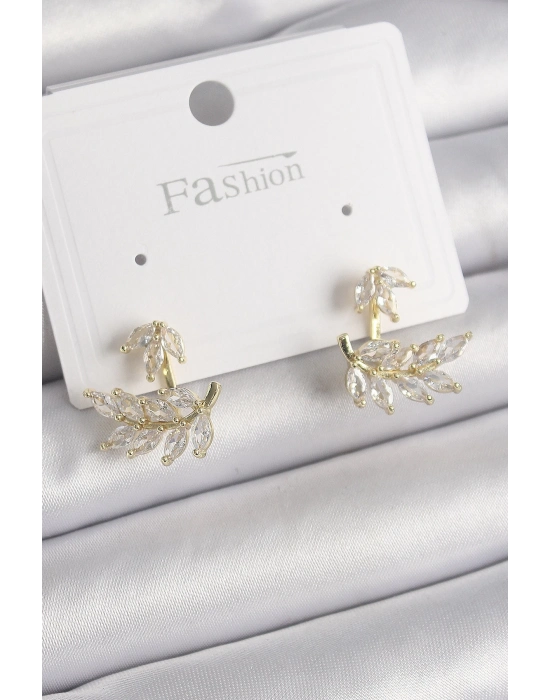 ® Pirinç Gold Renk Zirkon Taşlı Yaprak Model Kadın Küpe