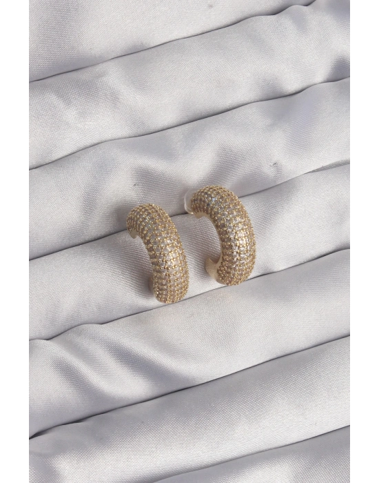 ® Pirinç Gold Renk Zirkon Taşlı Yarım Halka Küpe