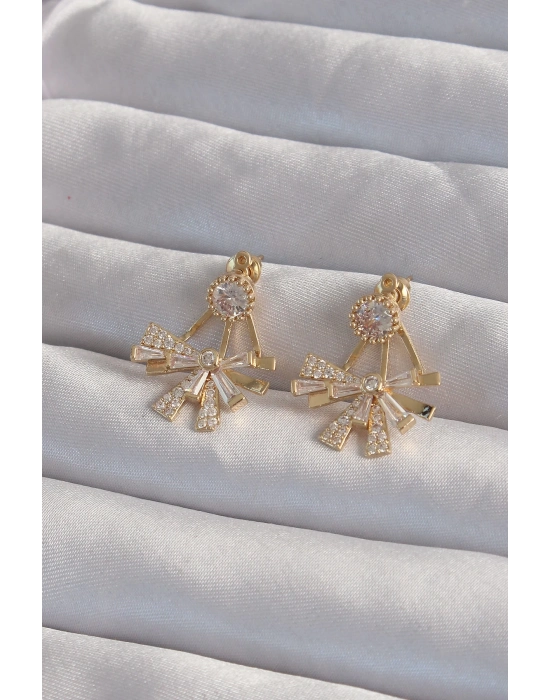 ® Pirinç Gold Renk Zirkon Taşlı Yassı Fiyonk Model Küpe