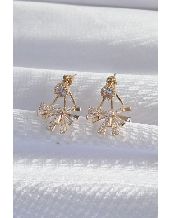 ® Pirinç Gold Renk Zirkon Taşlı Yassı Fiyonk Model Küpe