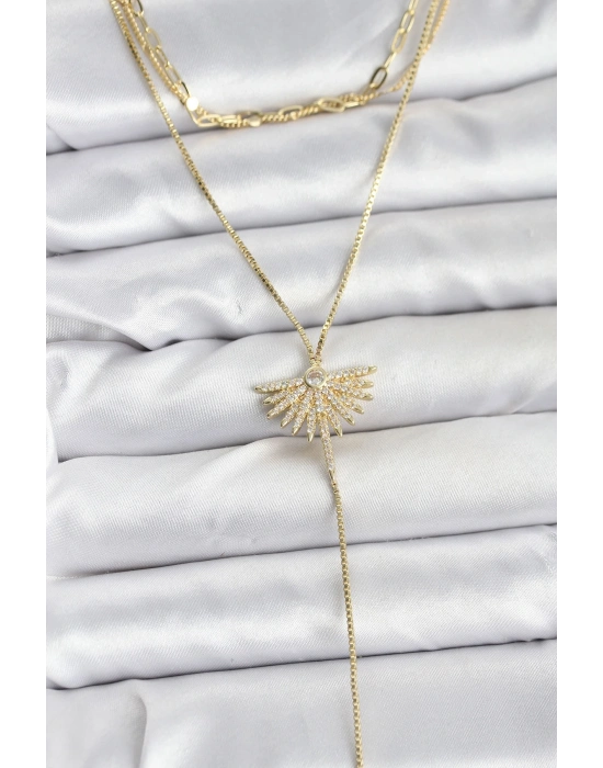 ® Pirinç Gold Renk Zirkon Taşlı Yelpaze Model Detaylı 3lü Kombin Y Kadın Kolye