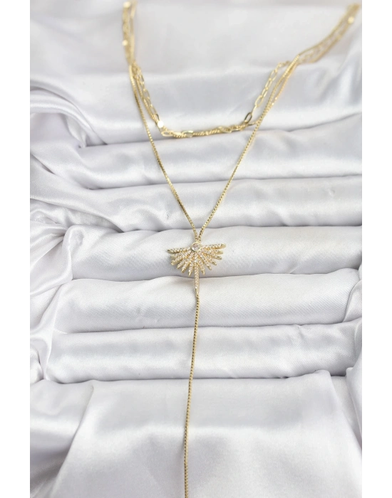 ® Pirinç Gold Renk Zirkon Taşlı Yelpaze Model Detaylı 3lü Kombin Y Kadın Kolye