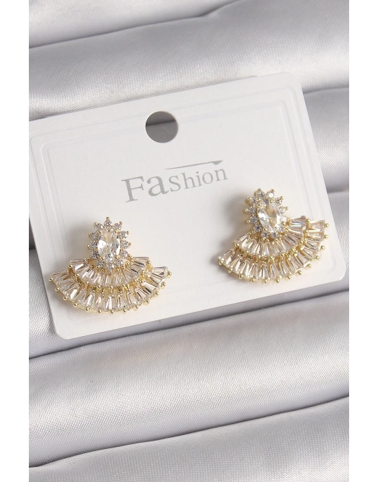 ® Pirinç Gold Renk Zirkon Taşlı Yelpaze Model Kadın Küpe