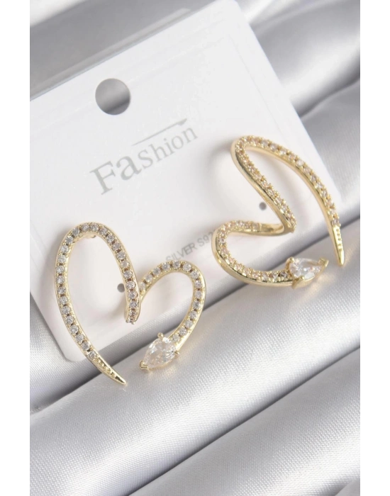 ® Pirinç Gold Renk Zirkon Taşlı Yılan Kalp Model Kadın Küpe