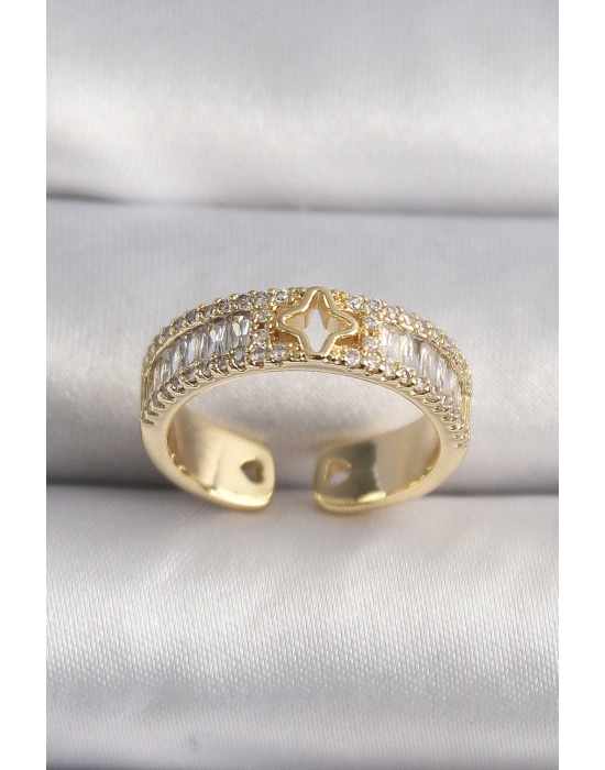 ® Pirinç Gold Renk Zirkon Taşlı Yıldız İşleme VIP Seri Kadın Yüzük