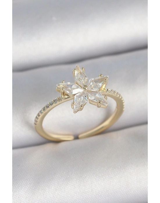 ® Pirinç Gold Renk Zirkon Taşlı Yıldız Model Ayarlanabilir Kadın Yüzük