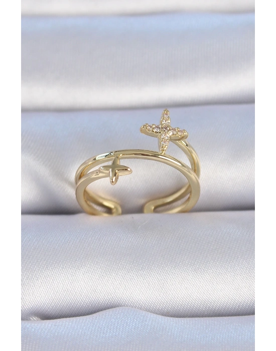 ® Pirinç Gold Renk Zirkon Taşlı Yıldız Model Kadın Yüzük