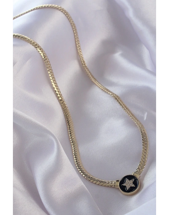 ® Pirinç Gold Renk Zirkon Taşlı Yıldız Model Siyah Mineli Ezme Zincirli Serenay Kolyesi
