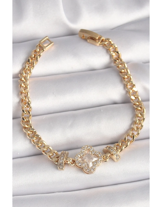 ® Pirinç Gold Renk Zirkon Taşlı Yonca Figür Zincir Model Kadın Bileklik
