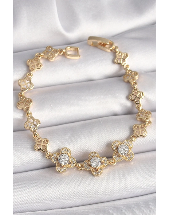® Pirinç Gold Renk Zirkon Taşlı Yonca Model Kadın Bileklik