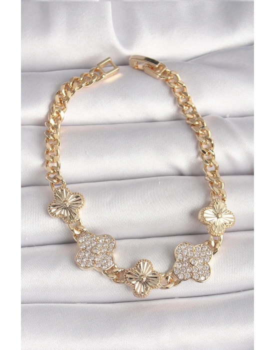 ® Pirinç Gold Renk Zirkon Taşlı Yonca Model Kadın Bileklik