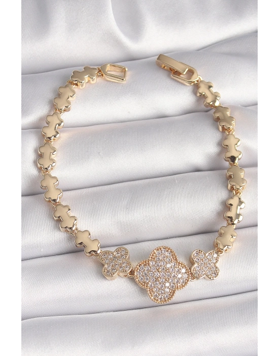 ® Pirinç Gold Renk Zirkon Taşlı Yonca Model Zincir Kadın Bileklik