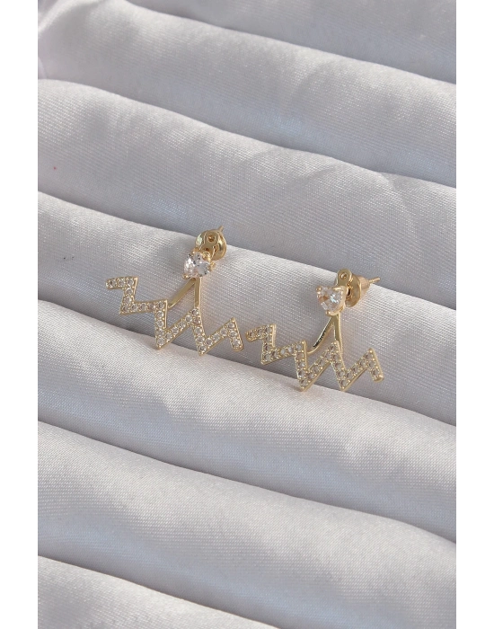 ® Pirinç Gold Renk Zirkon Taşlı Zikzak Küpe