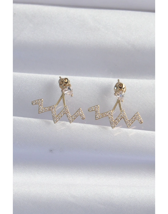 ® Pirinç Gold Renk Zirkon Taşlı Zikzak Küpe