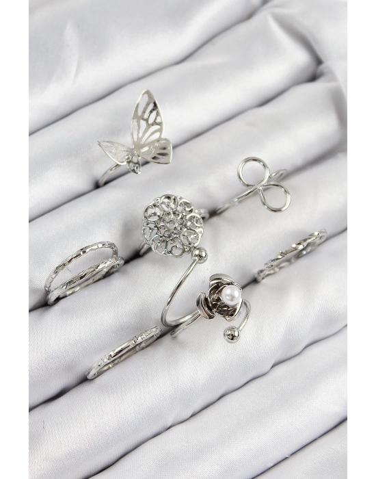 ® Pirinç Gül Kelebek Model Gümüş Renk Kadın Yüzük Kombin Set