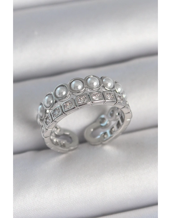 ® Pirinç Gümüş Renk 2Li Sıra Zirkon Taşlı Ve İncili Ayarlanabilir Kadın Yüzük