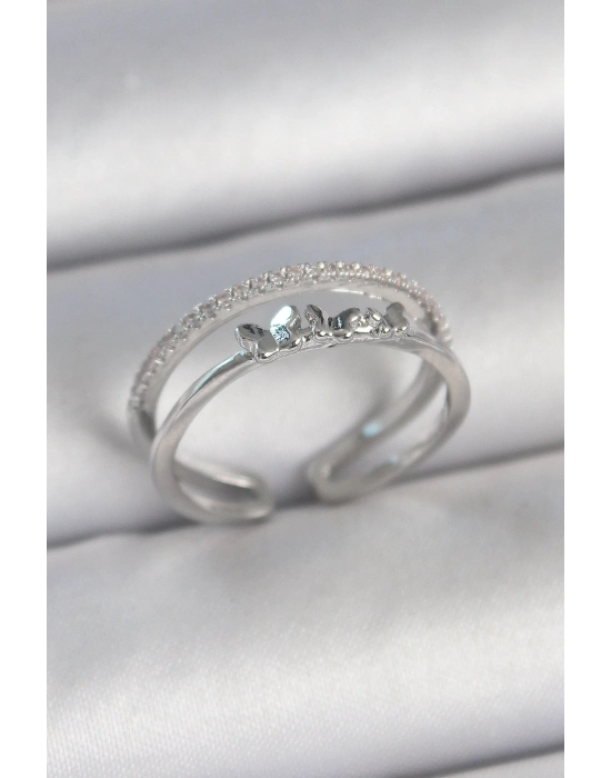 ® Pirinç Gümüş Renk 2Li Zirkon Taş Detaylı Kelebek Figür Ayarlanabilir Model Kadın Yüzük