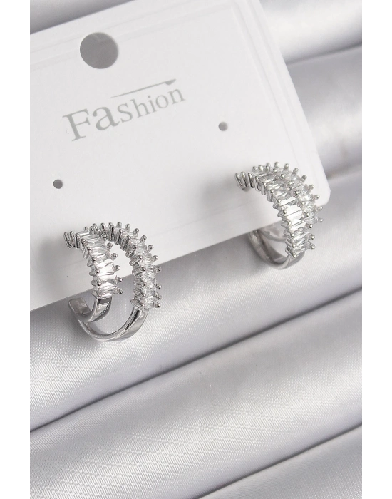 ® Pirinç Gümüş Renk 2Li Zirkon Taşlı Halka Model Kadın Küpe