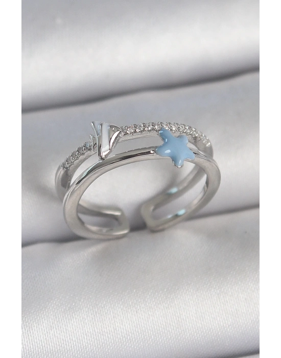 ® Pirinç Gümüş Renk 2Li Zirkon Taşlı Mavi Yıldız Figür Ayarlanabilir Kadın Yüzük