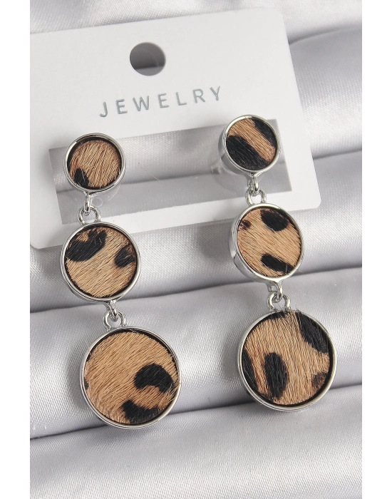 ® Pirinç Gümüş Renk 3Lü Daire Plaka Leopar Desenli Kadın Küpe