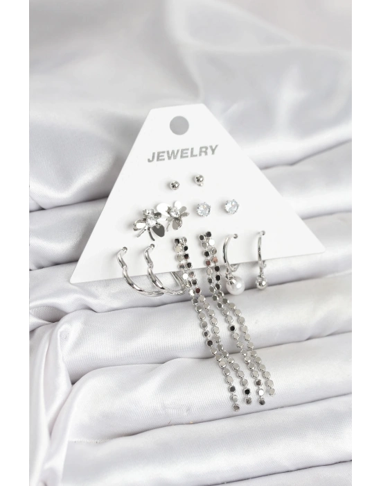 ® Pirinç Gümüş Renk 6 Çift Kadın Küpe