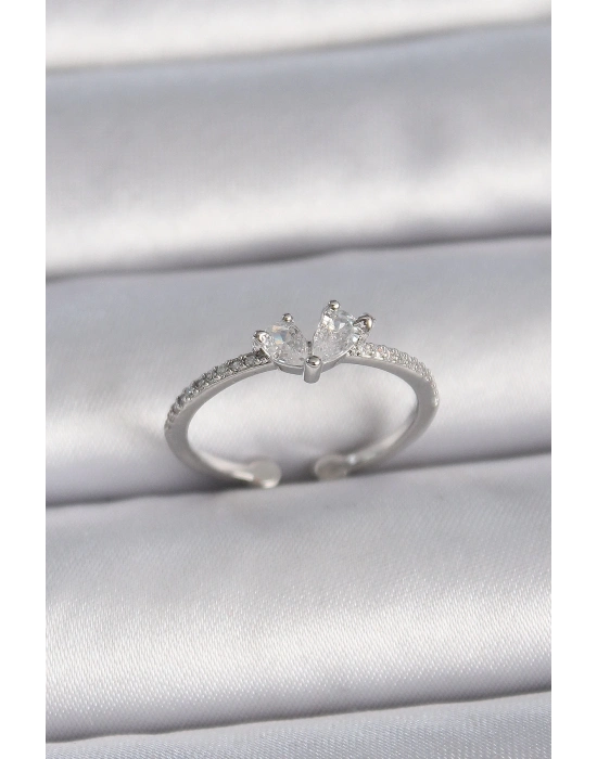 ® Pirinç Gümüş Renk Ayaralanabilir Zirkon Taşlı Kalp Model Kadın Yüzük