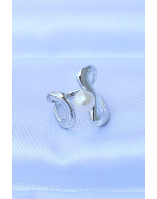 ® Pirinç Gümüş Renk Ayarlanabilir İnci Taşlı Yüzük