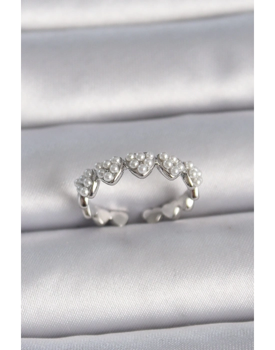 ® Pirinç Gümüş Renk Ayarlanabilir İncili Kalp Model Kadın Yüzük