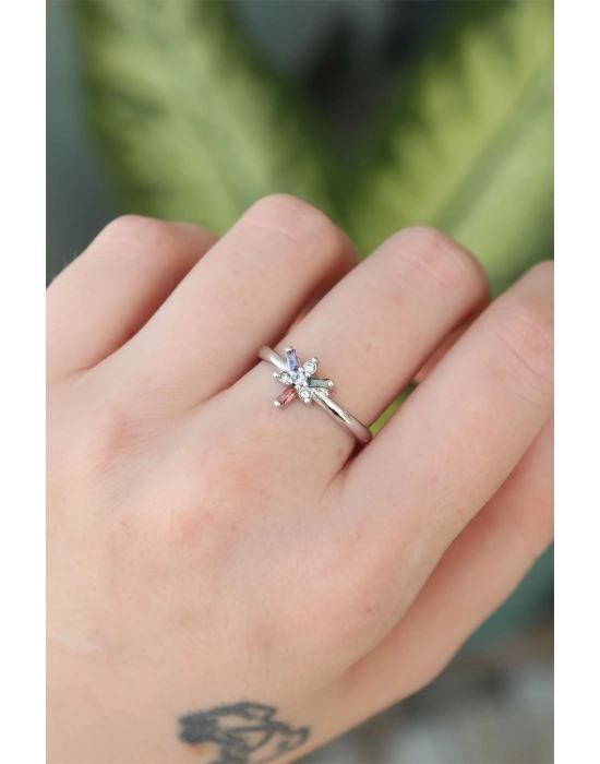 ® Pirinç Gümüş Renk Ayarlanabilir Renkli Zirkon Taşlı Yusufçuk Yüzük