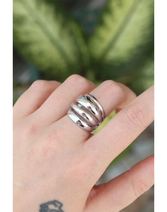 ® Pirinç Gümüş Renk Ayarlanabilir Tırtıklı Bombe Yüzük