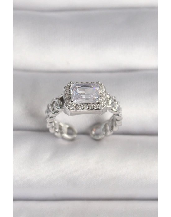 ® Pirinç Gümüş Renk Ayarlanabilir Zincir Kare Zirkon Taşlı Kadın Yüzük