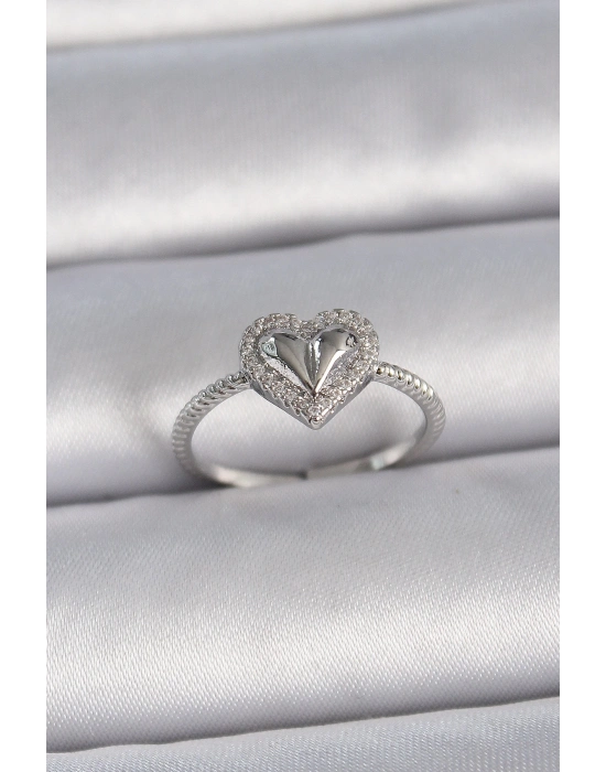 ® Pirinç Gümüş Renk Ayarlanabilir Zirkon Taşlı Kalp Model Kadın Yüzük