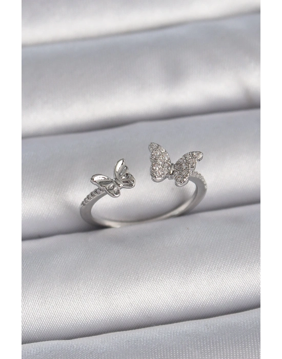 ® Pirinç Gümüş Renk Ayarlanabilir Zirkon Taşlı Kelebek Model Kadın Yüzük