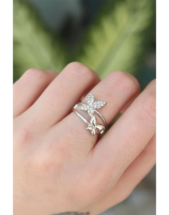 ® Pirinç Gümüş Renk Ayarlanabilir Zirkon Taşlı Kelebek Yüzük