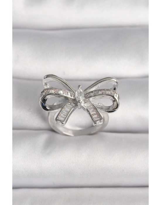 ® Pirinç Gümüş Renk Ayarlanabilir Zirkon Taşlı Kurdele Model Kadın Yüzük