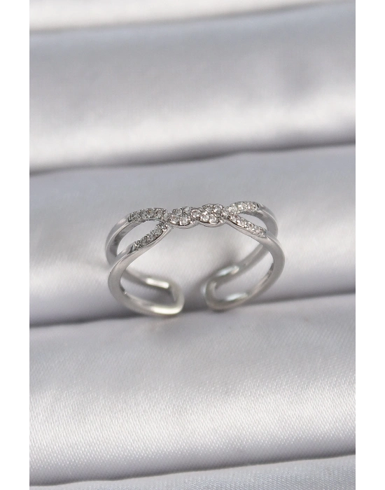 ® Pirinç Gümüş Renk Ayarlanabilir Zirkon Taşlı Sarmal Model Kadın Yüzük